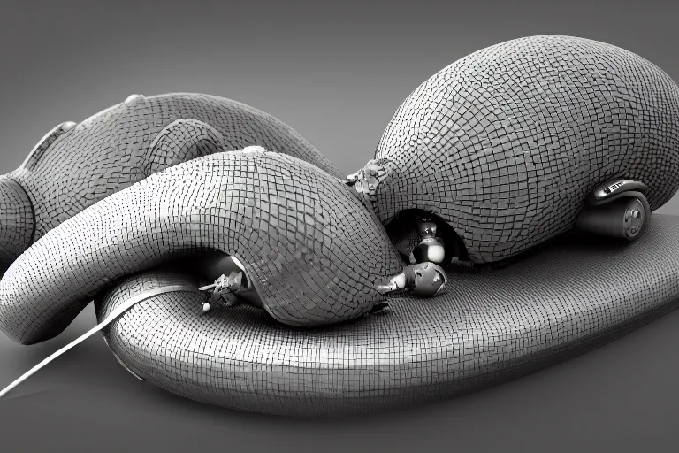 Prompt: an industrial design render of an advanced robotic armadillo curled up behind a bionic snail, industrial, biomimetic, bionic, synthetic aramid fiber, 3D octane render, 8K, artstation