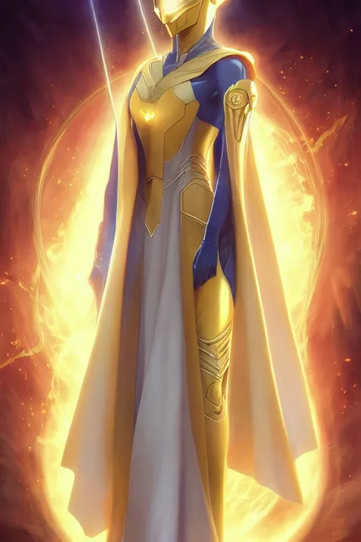 Image similar to anime key visual of a beautiful young female doctor fate!! intricate, cape, glowing, powers, dc comics, cinematic, stunning, highly detailed, digital painting, artstation, smooth, hard focus, illustration, art by artgerm and greg rutkowski and alphonse mucha