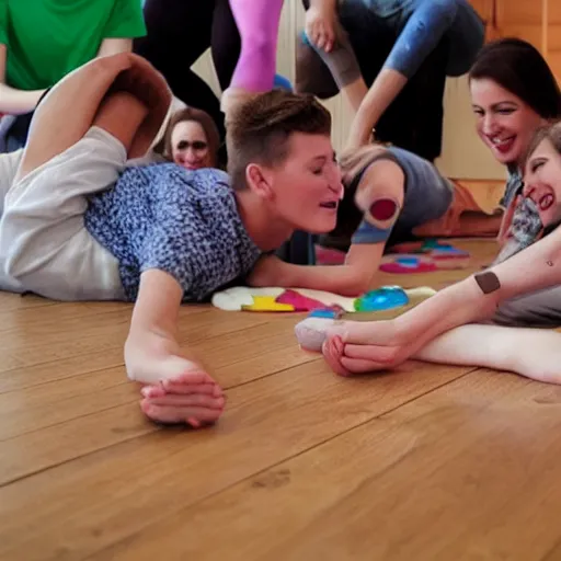 Prompt: a group of friends on all fours, playing twister.