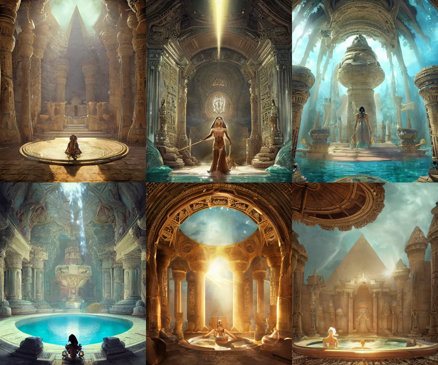 Prompt: fantasy movie scene andreas rocha and canaletto and alfons mucha detailed digital art of ornate and royal egyptian antechamber tomb, cleopatra in a circular pool with an erupting galaxy, epic atmosphere, sharp sunray lighting, cinematic lighting, fine details, 4 k, unreal engine, hyperrealism, cinematic composition, blender render, realistic, detailed textures, very wide shot