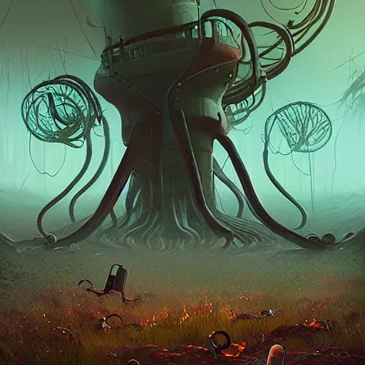 Prompt: giant eldritch horror, simon stalenhag, war of the worlds, forest