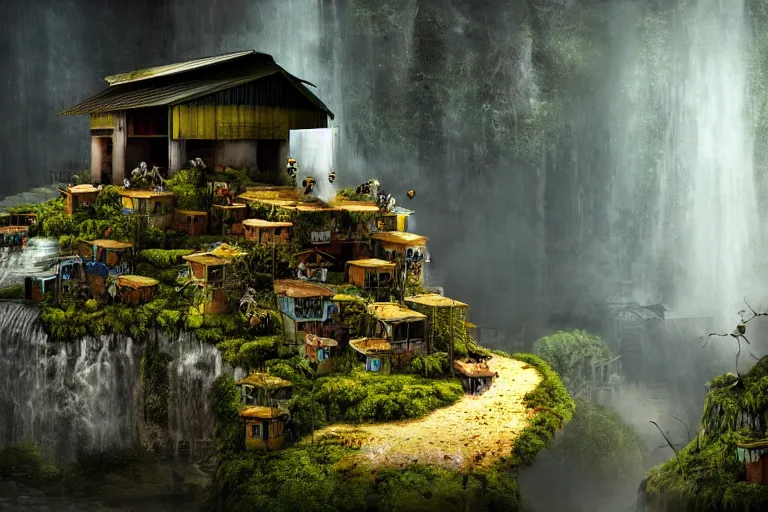 Prompt: favela bunker honeybee hive, forest waterfall environment, industrial factory, spooky, award winning art, epic dreamlike fantasy landscape, ultra realistic,