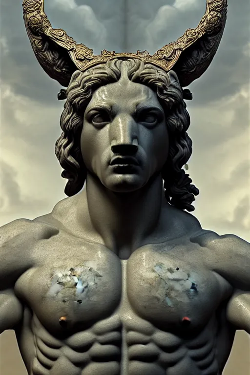 Image similar to dog as a greek god, greek statue, gorgeous, amazing, muscular, fit, very muscular male body, very detailed face, detailed features, fantasy, circuitry, explosion, dramatic, intricate, elegant, highly detailed, digital painting, artstation, concept art, smooth, sharp focus, illustration, art by gustave dore, octane render