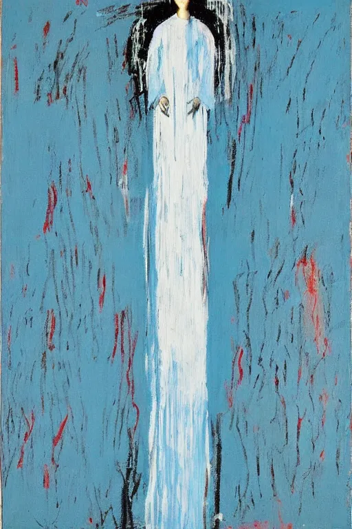 Image similar to light blue, virgin mary of lourdes painted by cy twombly and basquiat