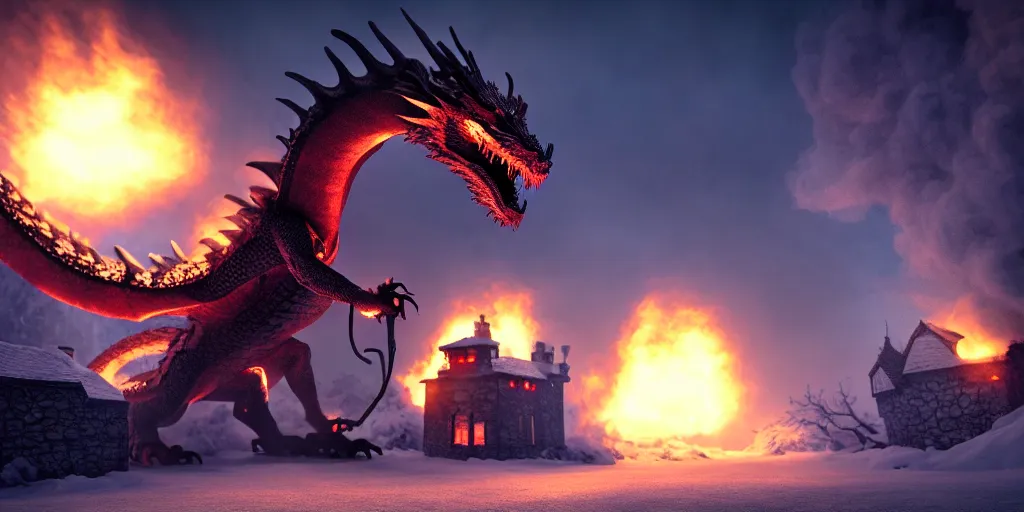 Prompt: a dragon made of smoke attacking a village in winter, realistic, 4k, cinematic