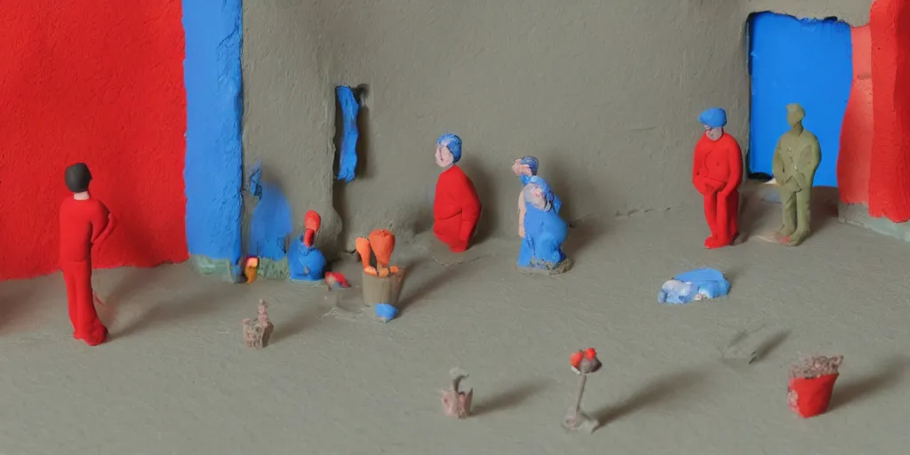 Image similar to plasticine sculpture stop motion. clay models. man in red jumper and blue jeans 5 0 from left. gallery paintings of flowers. visitors. contemporary art gallery small hole in wall. salvador dali. high detail. photorealistic