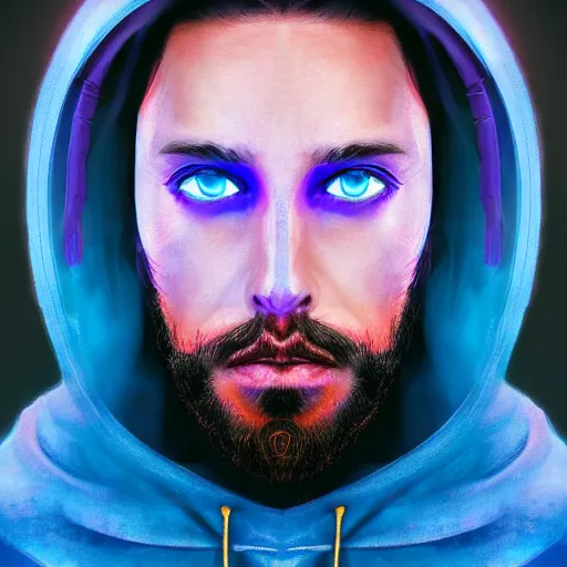 Image similar to a portrait of an ultradetailed futuristic cyberpunk wearing a hoodie on his head, bearded, deep blue eyes, by dylan kowalski, 8 k, purple neon colours, digital painting