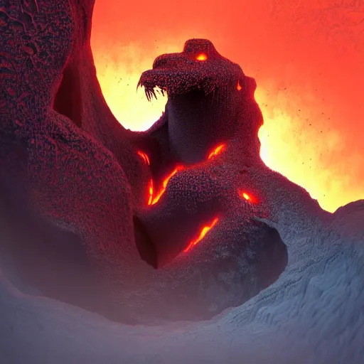 Image similar to lava monster climbing out of the center of a volcano, digital concept art, artstation