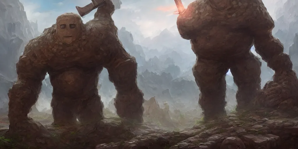 Image similar to a huge golem holding a huge hammer in the middle of a valley, wlop, concept art, digital painting, trending on artstation, highly detailed, epic composition, 8 k uhd