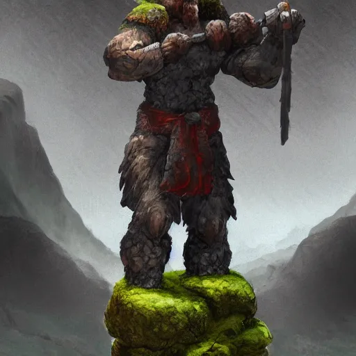 Prompt: stone warrior, moss, large stone hammer, standing in a valley between two mountains, digital art, trending on artstation, high quality