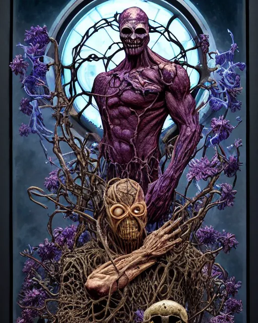 Image similar to the platonic ideal of flowers, rotting, insects and praying of cletus kasady ultimate carnage thanos dementor doctor manhattan chtulu nazgul bioshock, detailed, intricate, hyperrealism, intense, scary, decay, dmt, art by brock hofer and artgerm and greg rutkowski and alphonse mucha