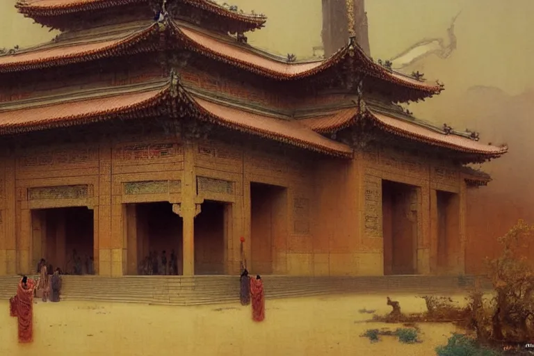 Image similar to mausoleum, buddhism, tang dynasty, painting by gaston bussiere, greg rutkowski