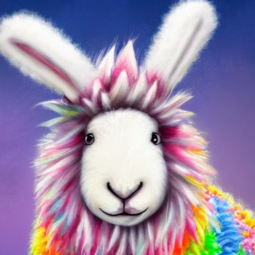 Prompt: cute wooly sheep with long fluffy bunny rabbit ears and colorful mohawk hairstyle hybrid animal detailed painting 4 k