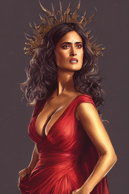 Prompt: portrait, Salma Hayek , Fantasy Queen , wearing a red and gold dress , face portrait, raphael lacoste, eddie mendoza, alex ross, concept art, matte painting, highly detailed, rule of thirds, dynamic lighting, cinematic, detailed, denoised, centred