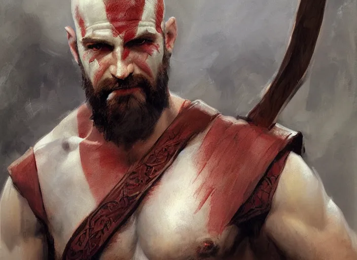 Prompt: a highly detailed beautiful portrait of antony starr as kratos, by gregory manchess, james gurney, james jean