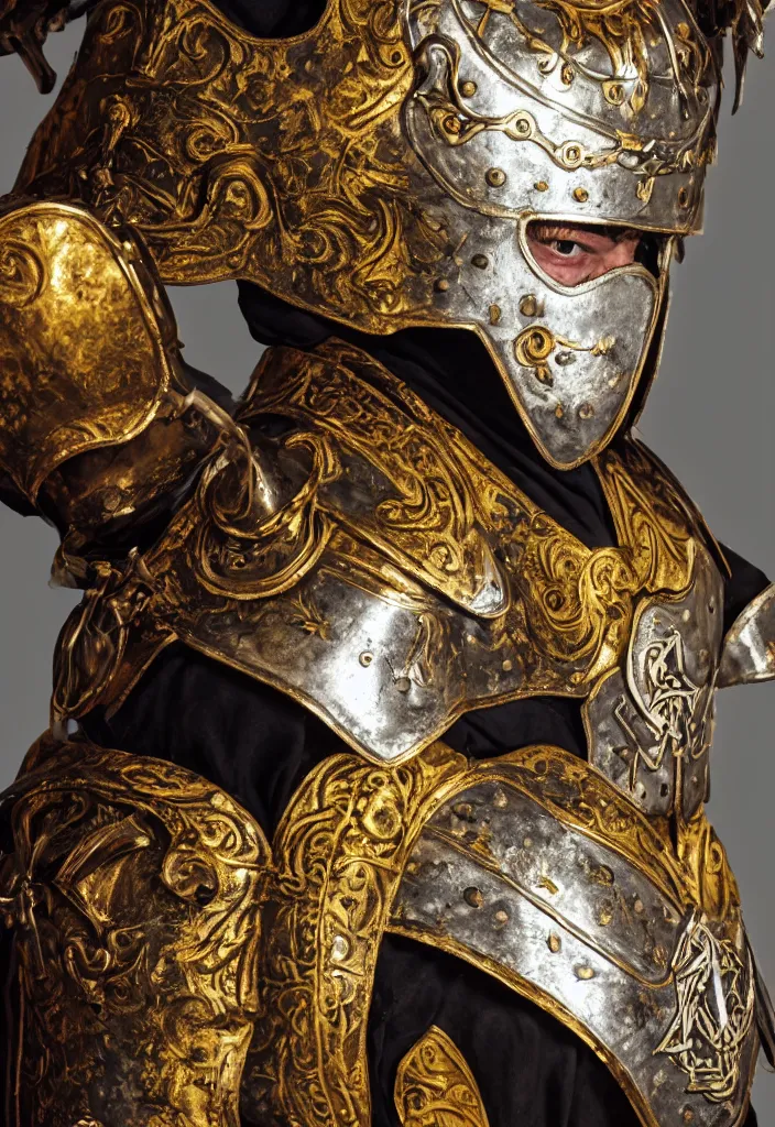 Image similar to man in decorated medieval baroque style armor and helmet and big golden cross on his chest rennaisance art style high resolution high detail 4k