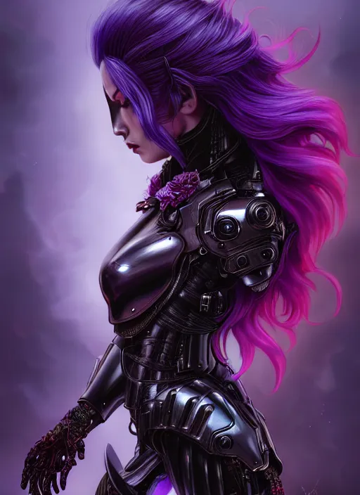 Image similar to a photorealistic detailed image of a beautiful stoic vampire in sci - fi bionic armor with purple hair, black and red, intricate, elegant, highly detailed, digital painting, artstation, concept art, smooth, sharp focus, illustration, art by hana yata, artem demura, alphonse mucha, octane render, unreal engine, 8 k