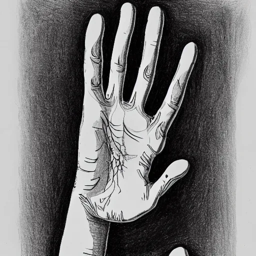 Image similar to drawing of a ten finger hand, drawn with blood on paper