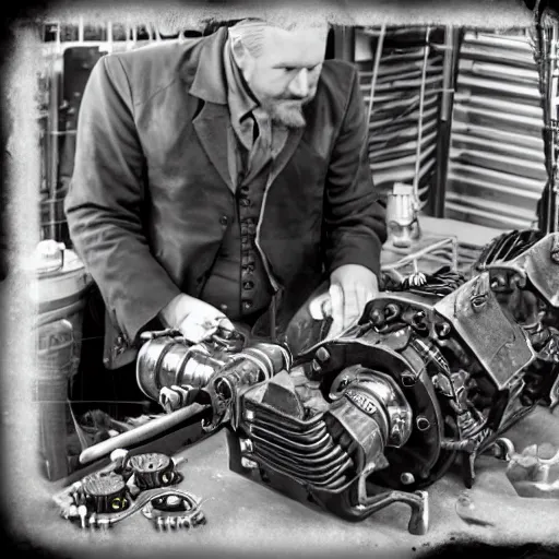 Image similar to steampunk industrialist working on a motor and feeling eureka