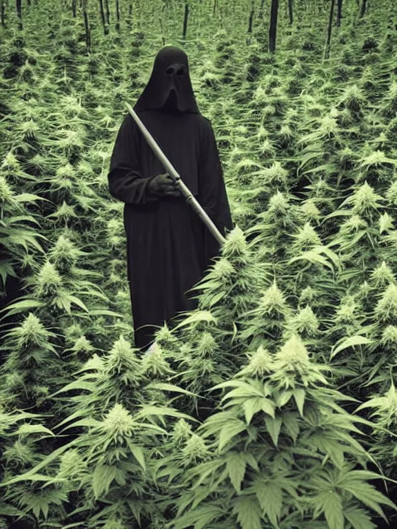 Image similar to grim reaper in cannabis forest, ww1 photo, grainy, high detail, high resolution,