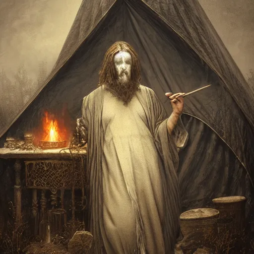 Image similar to a photographic portrait of a humanoid in robes with a halo standing in front of a tent holding a bowl of smoke by gustave dore and stephen hickman and allen williams, trending on artstation, cgsociety, 4 k hd, earthtone colors, skulls in the smoke, an open canvas tent in the background