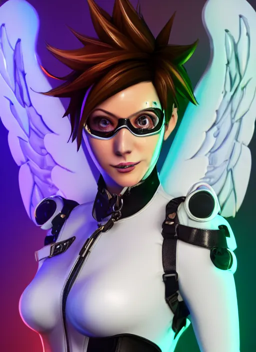 Image similar to portrait bust digital artwork of tracer overwatch, wearing white iridescent rainbow latex and leather straps catsuit outfit, 4 k, expressive happy smug expression, makeup, in style of mark arian, angel wings, wearing detailed black leather collar, chains, black leather harness, detailed face and eyes,