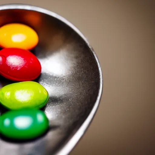 Prompt: still life photography of a skittle in a spoon