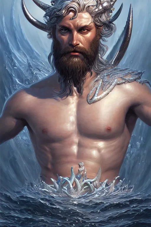 Image similar to poseidon humanoid god of the sea, trident, highly detailed, d & d, fantasy, highly detailed, digital painting, trending on artstation, concept art, sharp focus, illustration, art by artgerm and greg rutkowski and magali villeneuve