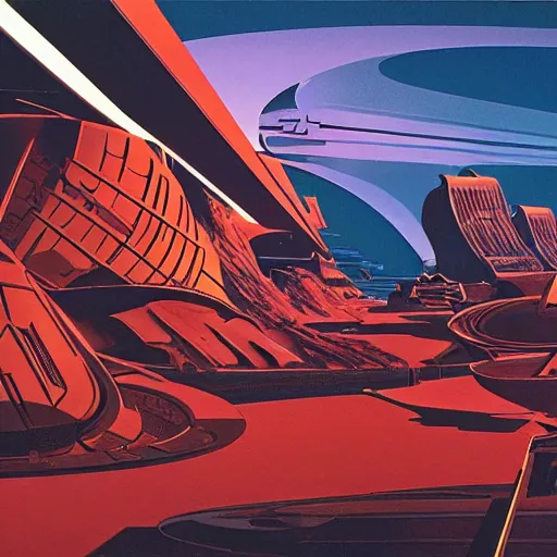 Image similar to martian city, otherwordly, by syd mead