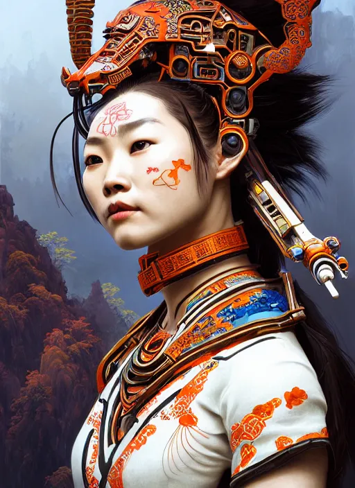 Image similar to portrait of a machine from horizon zero dawn, machine face, upper body, decorated with chinese opera motifs, asian, traditional chinese art, intricate, elegant, highly detailed, digital painting, artstation, concept art, smooth, sharp focus, illustration, art by artgerm and greg rutkowski and alphonse mucha, 8 k