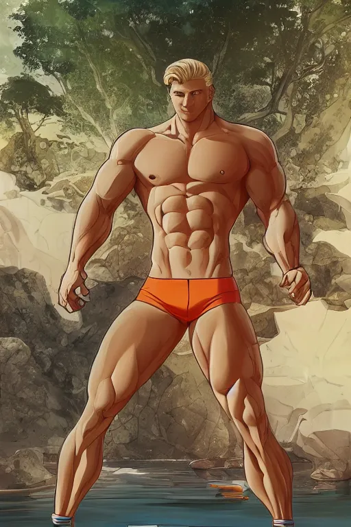 Image similar to a handsome male fitness model with blonde hair who is also a male android, ken, muscular, wearing a white crop top and short light orange shorts, stands by a swimming pool, facing forward, in the style of artgerm and moebius and annie liebovitz, photorealistic, highly detailed