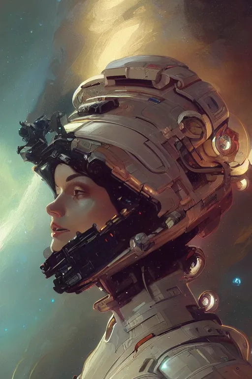 Image similar to A full portrait of a scifi heavy deep space freighter pilot, intricate, elegant, highly detailed, digital painting, artstation, concept art, smooth, sharp focus, illustration, art by Krenz Cushart and Artem Demura and alphonse mucha