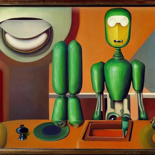 Image similar to biomorphic robot with kind eyes portrait, lowbrow, pj crook, grant wood, edward hopper, oil on canvas