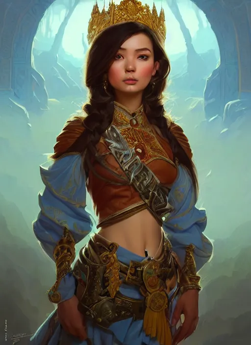 Image similar to portrait of russian mexican asian girl jodhpurs hyperborea lemuria, deep focus, d & d, fantasy, intricate, elegant, highly detailed, digital painting, artstation, concept art, matte, sharp focus, illustration, hearthstone, art by rhads by artgerm and greg rutkowski and alphonse mucha