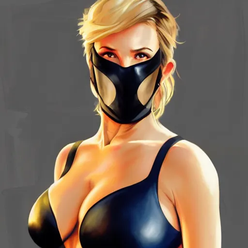 Image similar to character concept portrait, symmetrical, black canary, mask, her arms tucked behind her back, navy leotard costume, bust, curvaceous, medium shot. detailed, high quality, dynamic lighting, fantasy, shiny. artwork by artgerm, wlop, alex ross, greg rutkowski, alphonse mucha