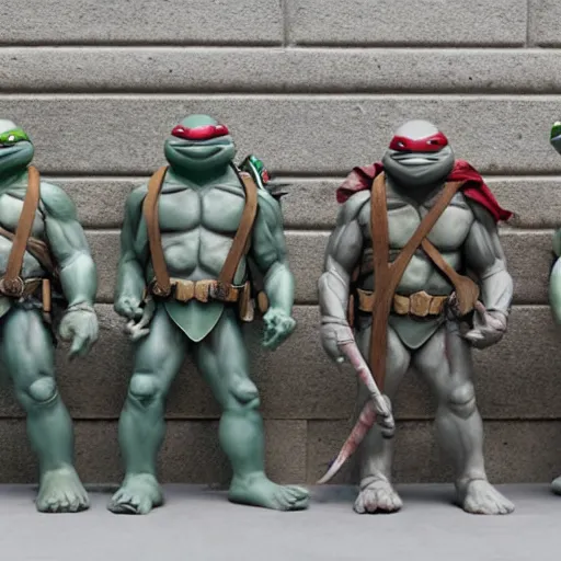 Prompt: teenage mutant ninja turtles as a sculpture from the renaissance made of white marble, high details, cinematic, photorealistic