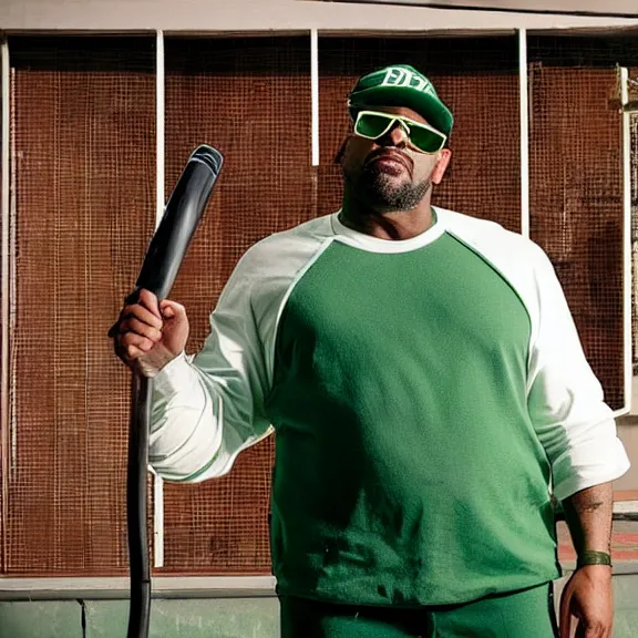Prompt: Still of Big Smoke with green clothing with a baseball bat in Better Call Saul