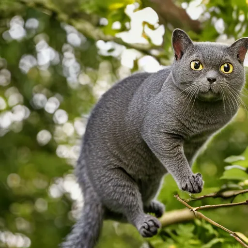 Image similar to A British Shorthair cat chasing a squirrel in a tree, realistic, close up, 8k, ultra high detail.