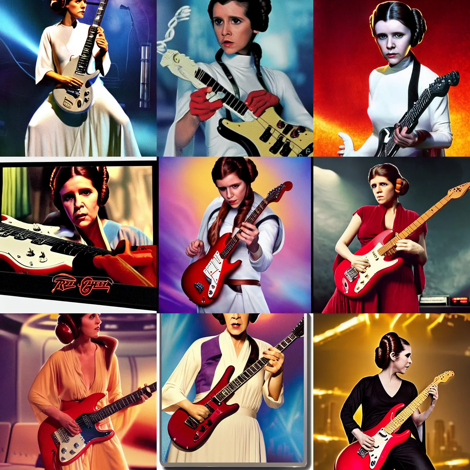 Prompt: princess leia plays the electric guitar, red fender stratocaster, hard rock concert, imax, 7 0 mm