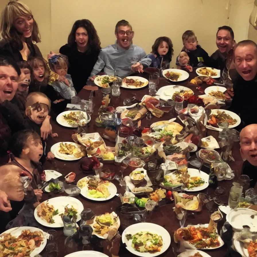 Image similar to family dinner, corrupted faces