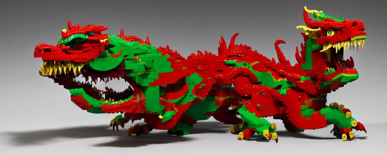 Image similar to Chinese beautiful dragon, with green and red scales, golden mask, sharp teeth, made of LEGO, in the style of LEGO