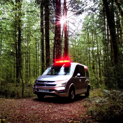 Image similar to a silver metallic camper in a forest clearing, with a red pillar of light in the background of the image