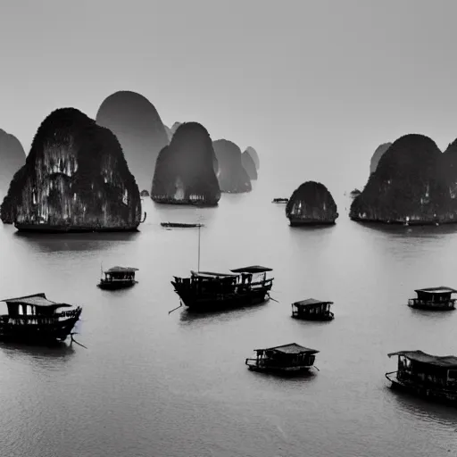 Image similar to old black and white photo of the Junk boats of Halong bay, ancient artifact, foggy, surreal, photorealistic