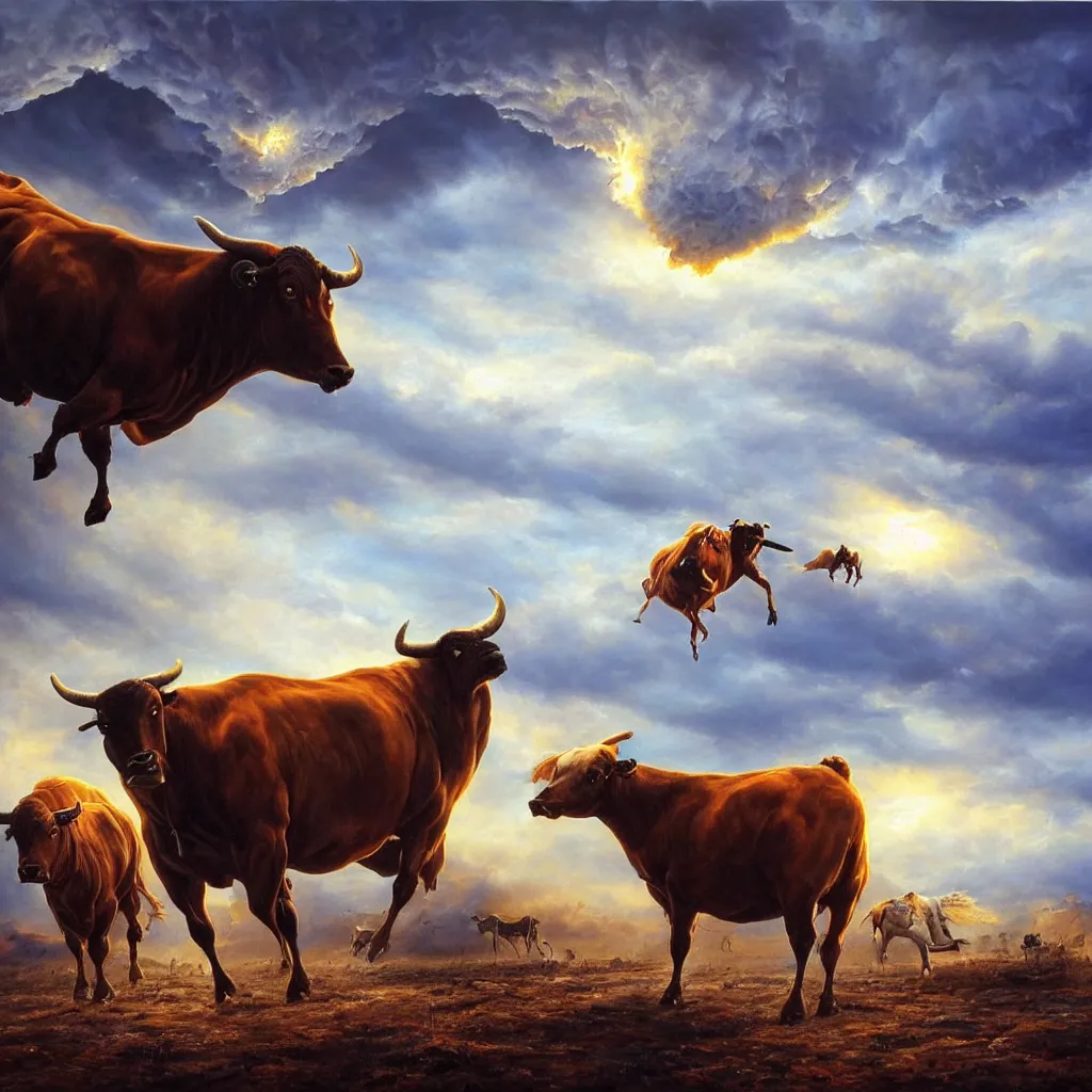 Image similar to Mark Magiori oil painting of a cowboy watching a bull get abducted by aliens, supercell cloud, extremely beautiful, amazing painting, HD, 8K, very detailed, photorealistic, hyperrealism