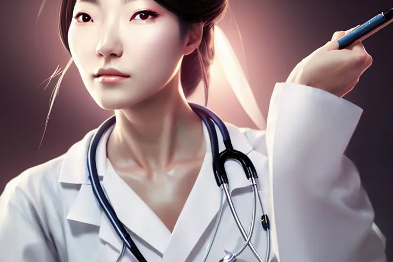 Prompt: a elegant and beautiful japanese female doctor in a white coat in a clinic, cinematic, highly detailed, digital painting, artstation, concept art, matte, sharp focus, illustration, art by artgerm and greg rutkowski