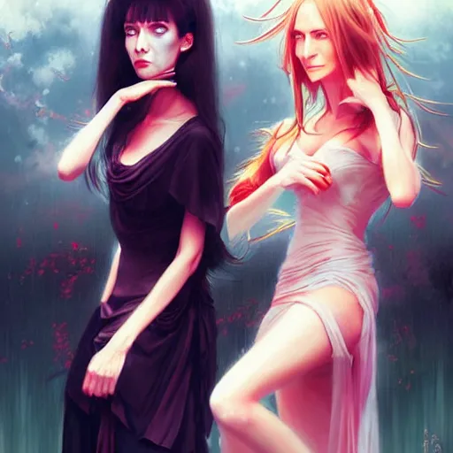 Prompt: jennifer connelly and uma thurman as a beautiful anime girls by wlop and greg rutkowski