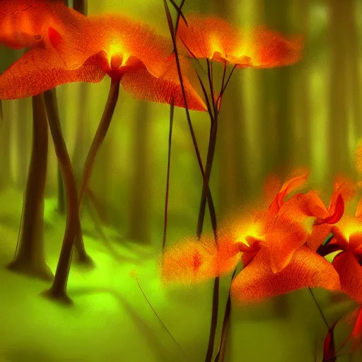 Image similar to a fiery orchid in a misty forest, light colors, digital art,