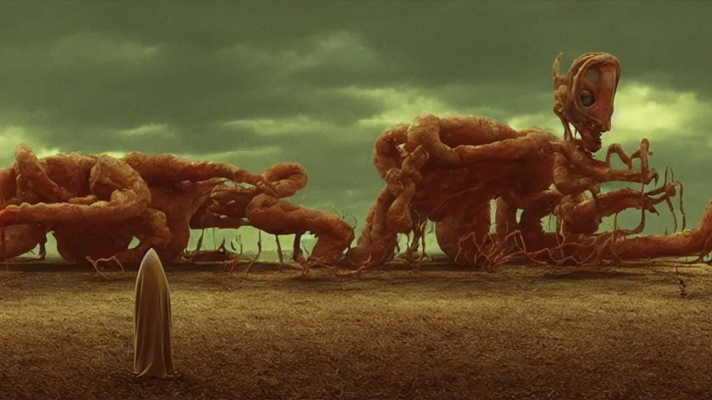 Image similar to the strange creature at the fast food place, made of oil they scare my family, film still from the movie directed by denis villeneuve and david cronenberg with art direction by salvador dali and zdzisław beksinski, extreme wide shot