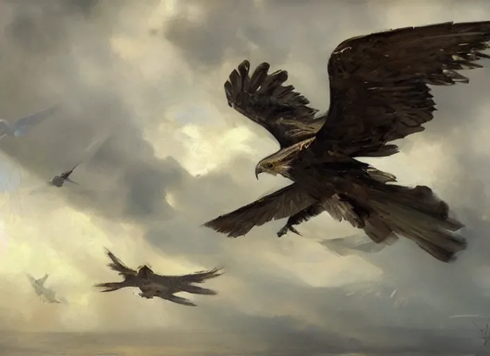 Image similar to oil painting of bird of prey flying, art by anders zorn, wonderful masterpiece by greg rutkowski, beautiful cinematic light, american romanticism by greg manchess, creation by tyler edlin