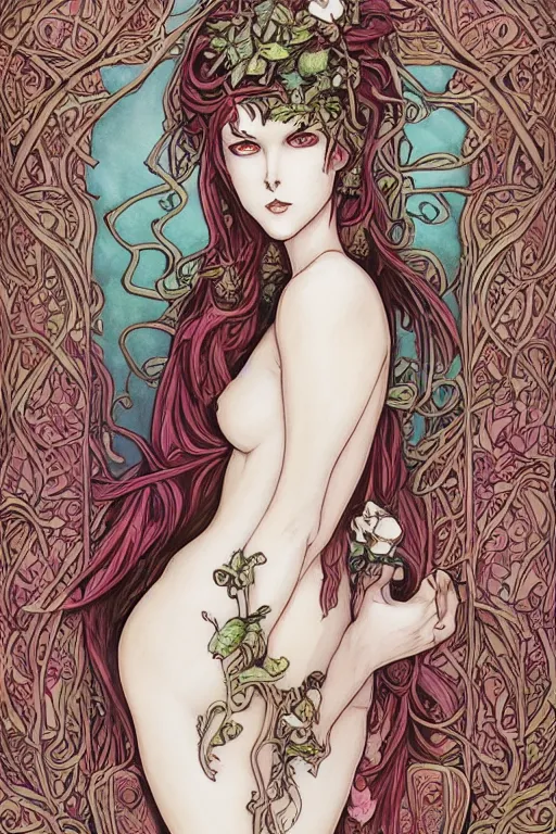 Prompt: Art Nouveau Lilith, Queen of the moon and serpents, Lush Garden Leaves and Flowers, Sensual glowing white Angelic occult esoteric woman in a manga cover style, full body image centered in frame, headshot, D&D, fantasy, highly detailed, digital painting, artstation, concept art, sharp focus, illustration, art by artgerm and greg rutkowski and alphonse mucha